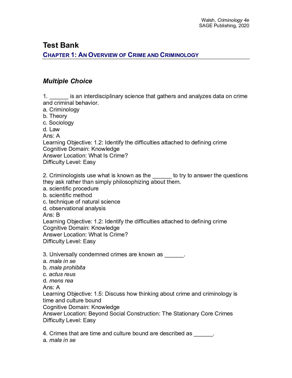 Preview of Test Bank for Criminology: The Essentials 4th Edition by Anthony Walsh; Cody Jorgensen